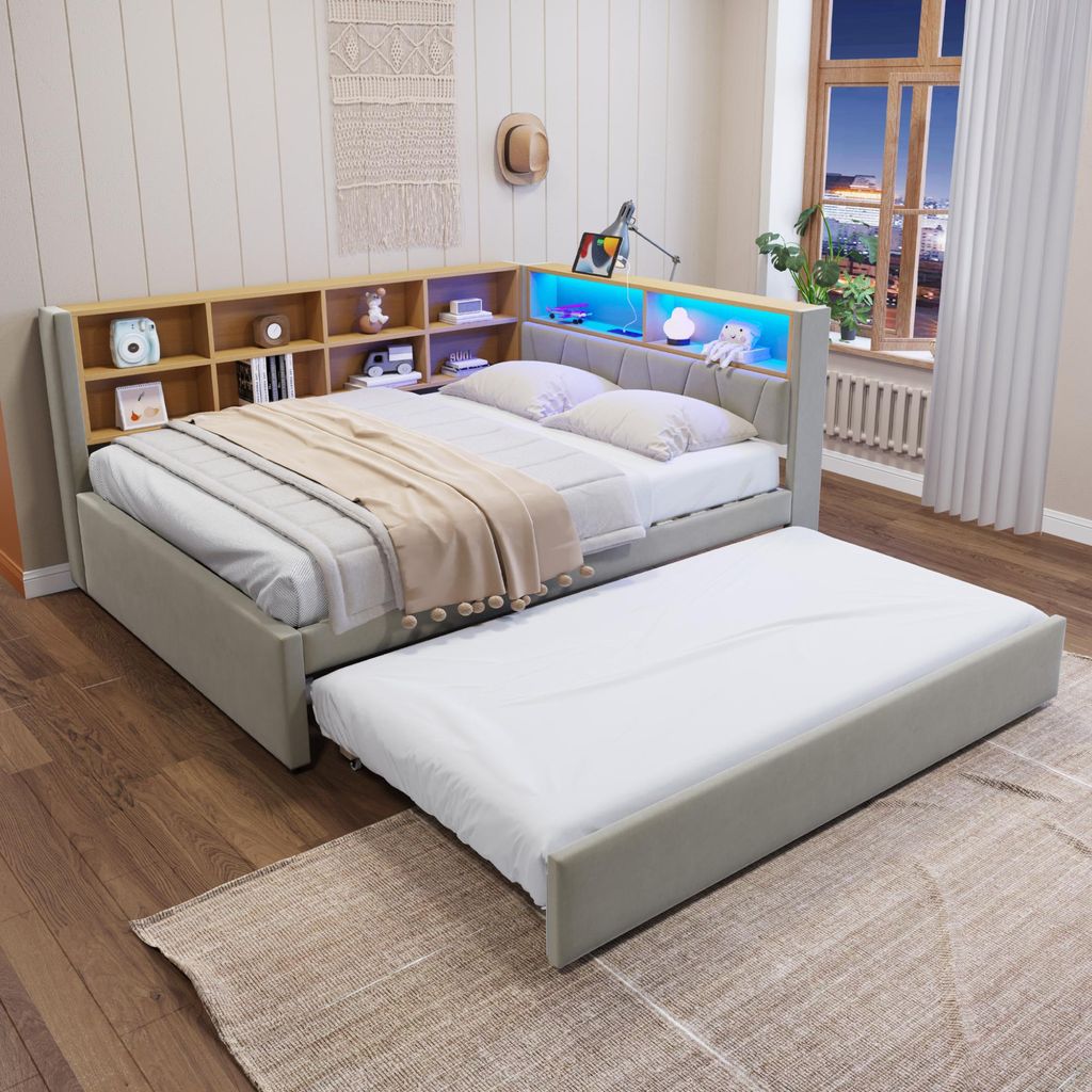Merax Tagesbett Schlafsofa 140x200cm mit LED-Leuchten und USB-Steckdosen, Ausziehbett 90x190cm mit Viel Stauraum aus Flanellstoff, Einzelbett,Hellgrau