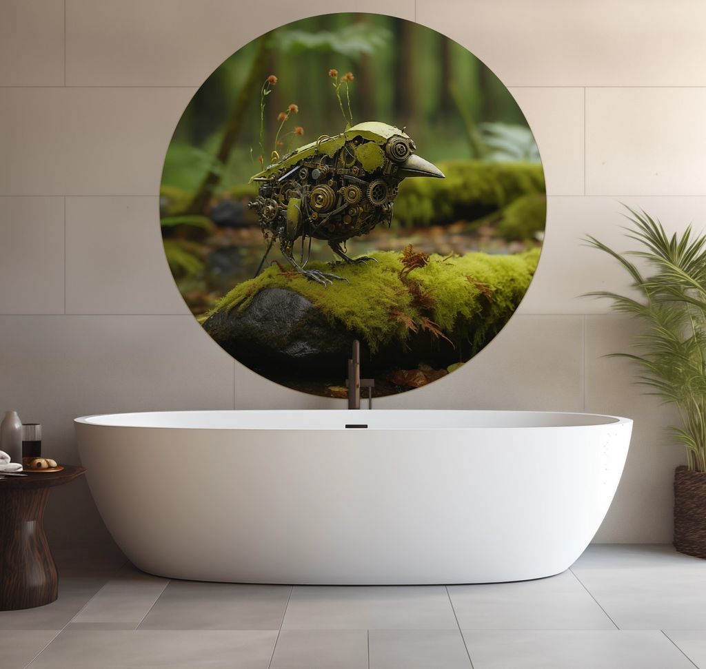 Wallario wasserfestes Poster selbstklebend 120 x 120 cm, Mechanischer Waldvogel, Badezimmerposter Spritzschutz mit Hochglanzoberfläche in Glasoptik