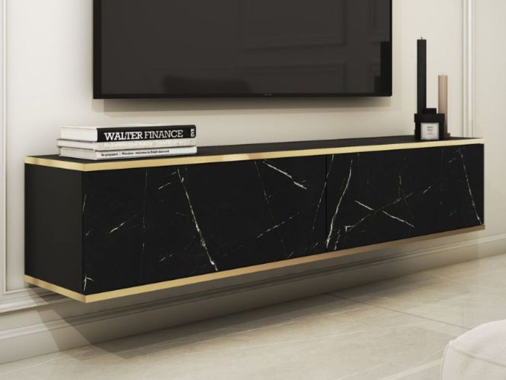 GrainGold TV-Schrank Diolo - Hängende RTV-Schrank, TV-Tisch, Lowboard, Stilvoller RTV-Schrank - TV-Schrank Schwarzer Marmor