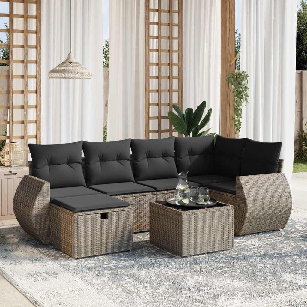 7-tlg. Garten-Sofagarnitur - mit Kissen Grau Poly Rattan - Gartenmöbelset 3264116