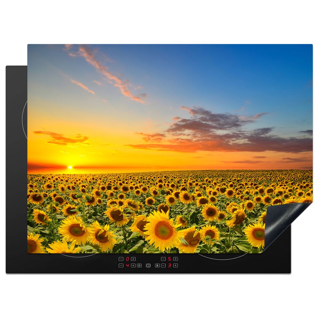KitchenYeah Herdabdeckplatte Blumen - Sonnenblume - Sonnenuntergang - Nacht - Orange , 70x52cm, Küche Deko, Glaskeramikkochfeld Herdabdeckung, A...