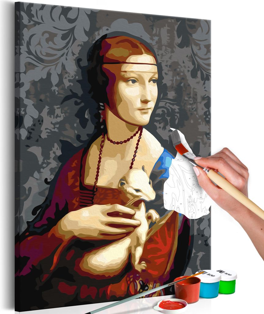 Malen nach Zahlen Dame mit Hermelin 40x50 cm Malset mit Holzrahmen auf Leinwand für Erwachsene Kinder Gemälde Handgemalt Kit DIY