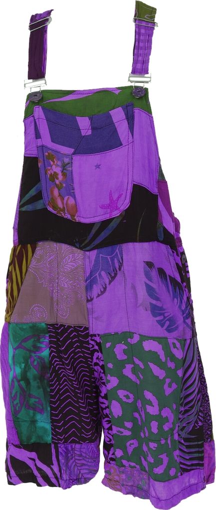 Goa Shorts, Kurze Patchwork Latzhose, Upcyceling Boho Latzhose - Lila, Damen, Violett, Viskose, Größe: XL