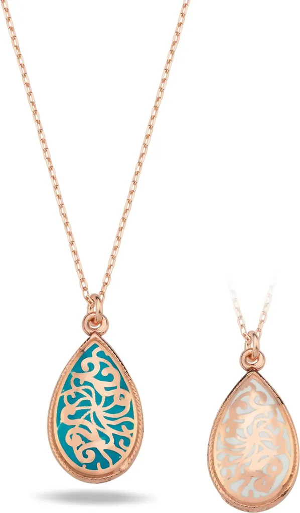 Collier Argent 925 Pendentif Réversible Émaillé Motif Ornemental