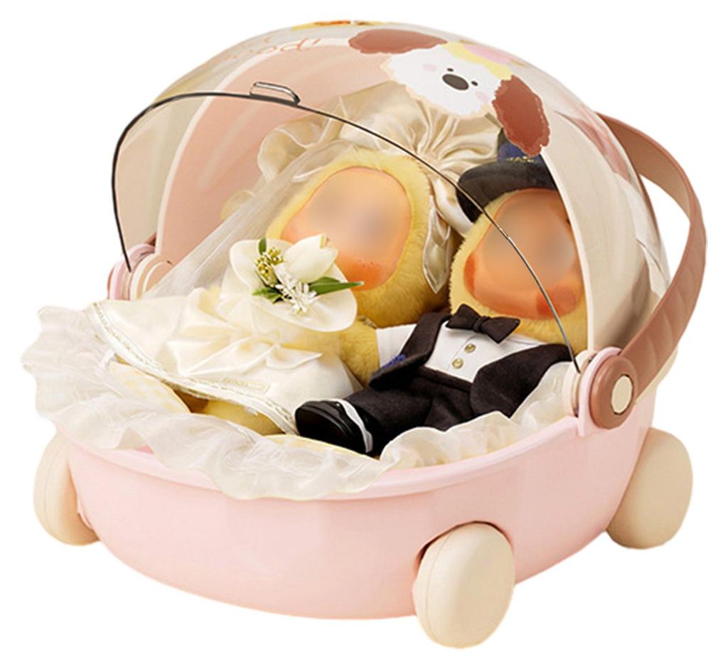 Aufbewahrungsbox in Trolleyform mit Griff und drehbarem, staubdichtem Deckel – ideal für Puppen, Schmuck und Schrein.