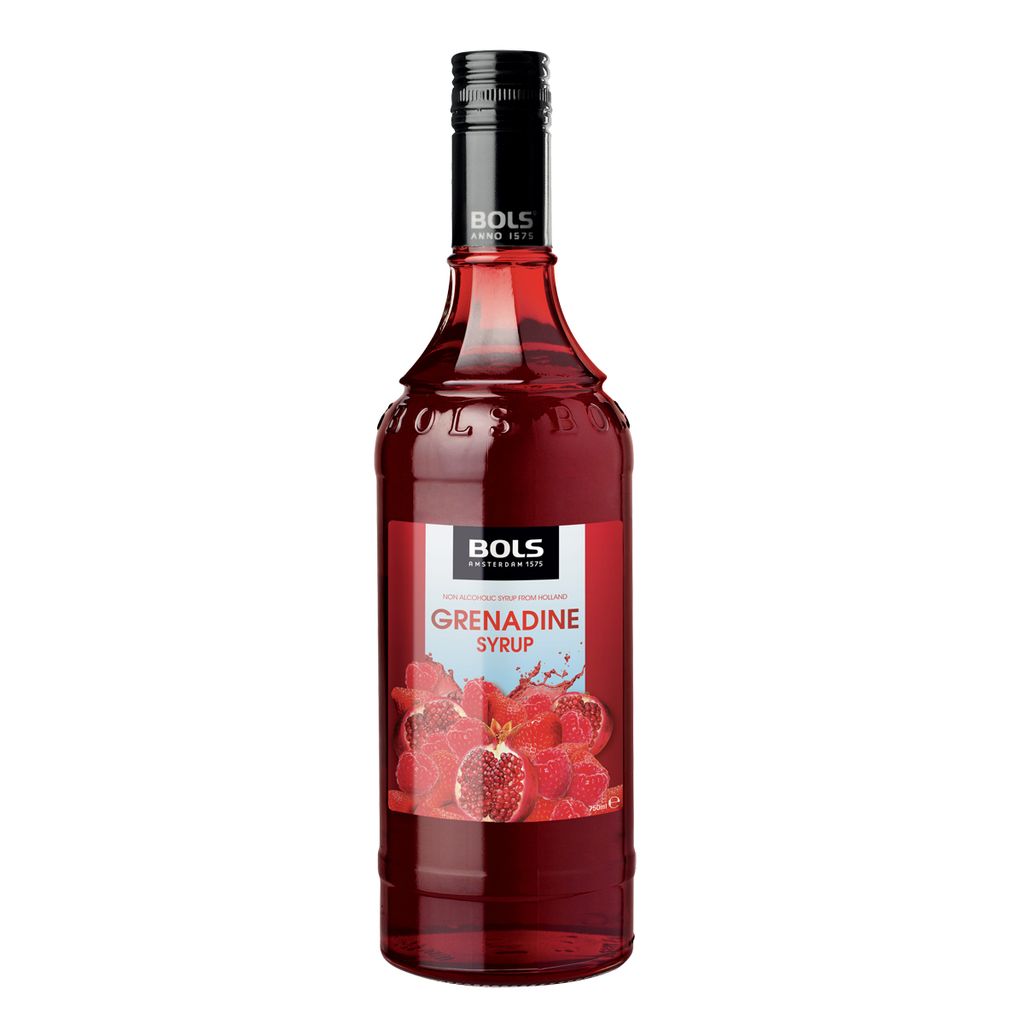 A bottle of Bols Grenadine Syrup.