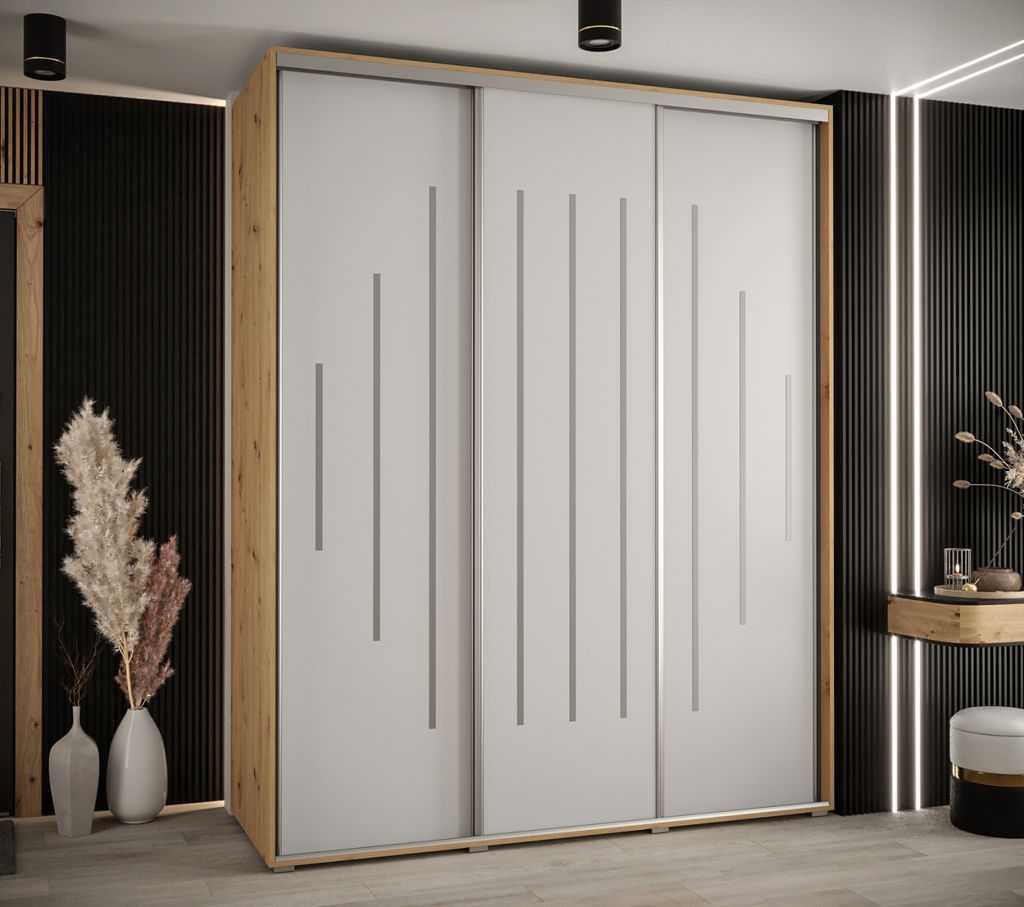 Kleiderschrank ASIRI 12 - 190/60 cm, Artisan-Eiche / Weiß / Silber