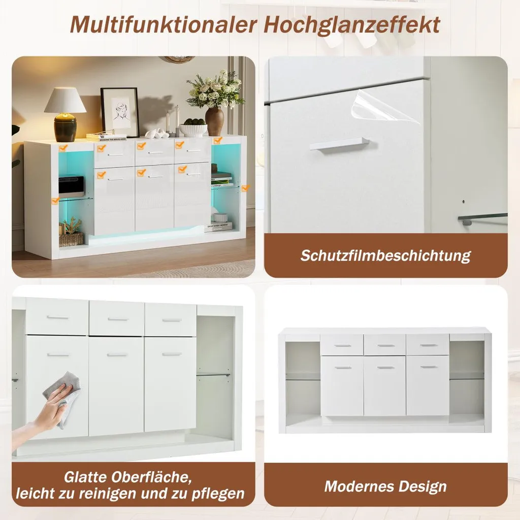 Buffet bas blanc brillant 160cm avec 14 compartiments et éclairage LED - 9
