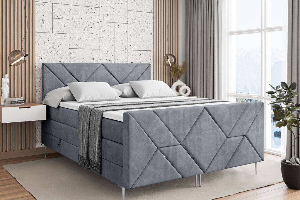 ALTDECOR Boxspringbett mit Silber Füßen, Matratze und Lattenrost, Topper, Fußteil, Polsterbett mit Bettkasten, Bett mit Stauraum H3- und H4- Mat...