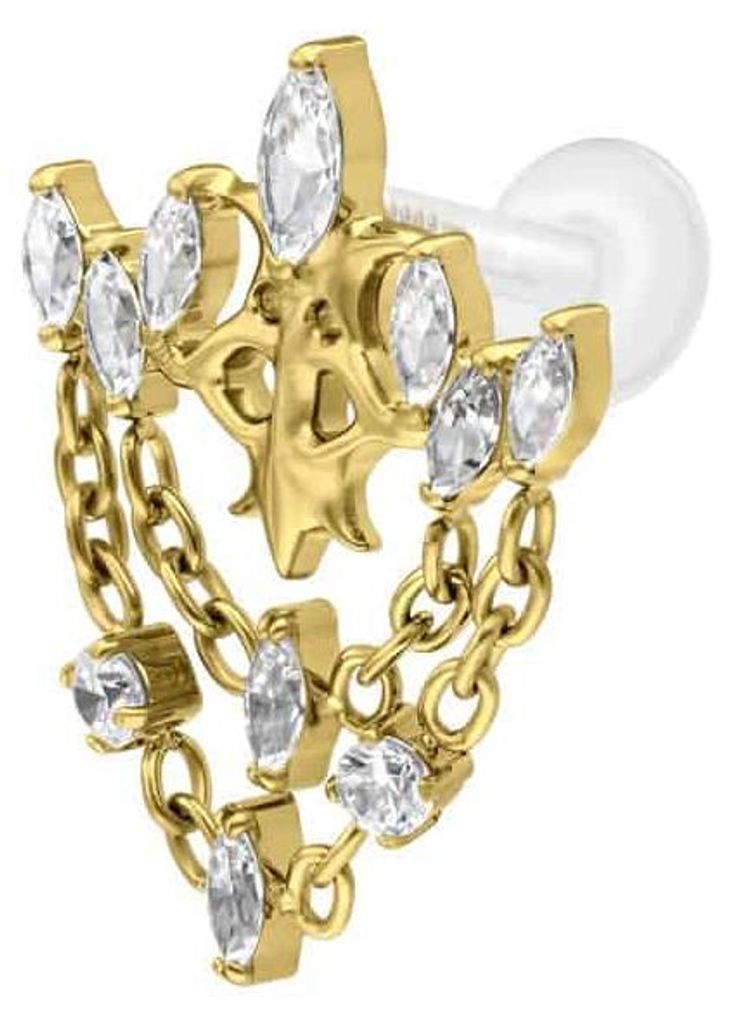 Ohrpiercing, Nasenpiercing PTFE Labret mit Innengewinde + Titan-Aufsatz GOTISCHE KRONE + KETTEN Gold Stablänge: 6mm | Stabstärke: 1,2mm