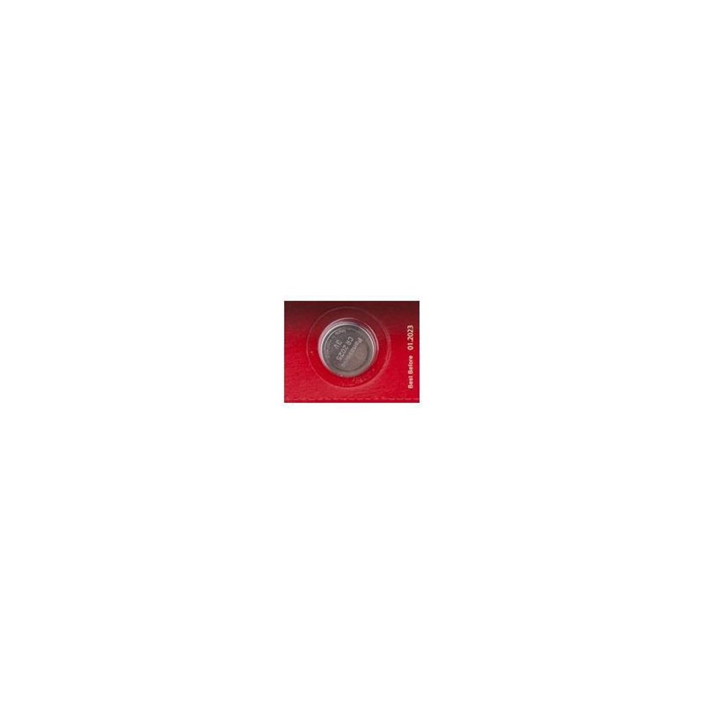 A single coin cell battery in a red blister pack.