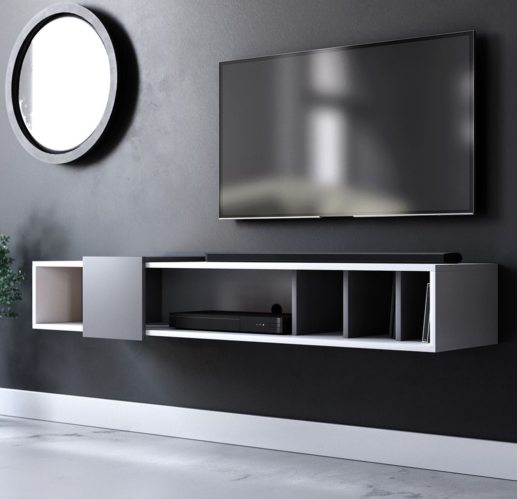 TV Lowboard Design T in weiß und grau TV Unterteil hängend Board mit 20 x  20 cm