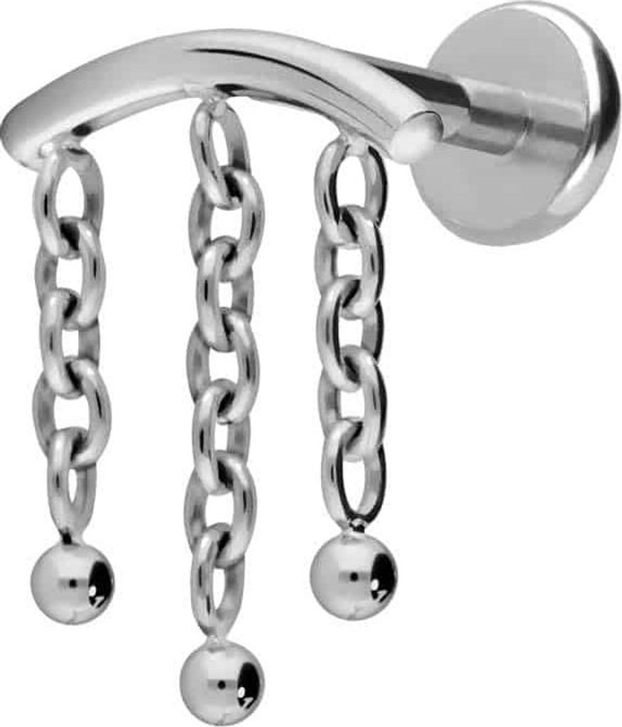 Ohrpiercing, Nasenpiercing Titan Labret mit Push Fit BOGEN + 3 KETTEN Silber Stablänge: 9mm | Stabstärke: 1mm