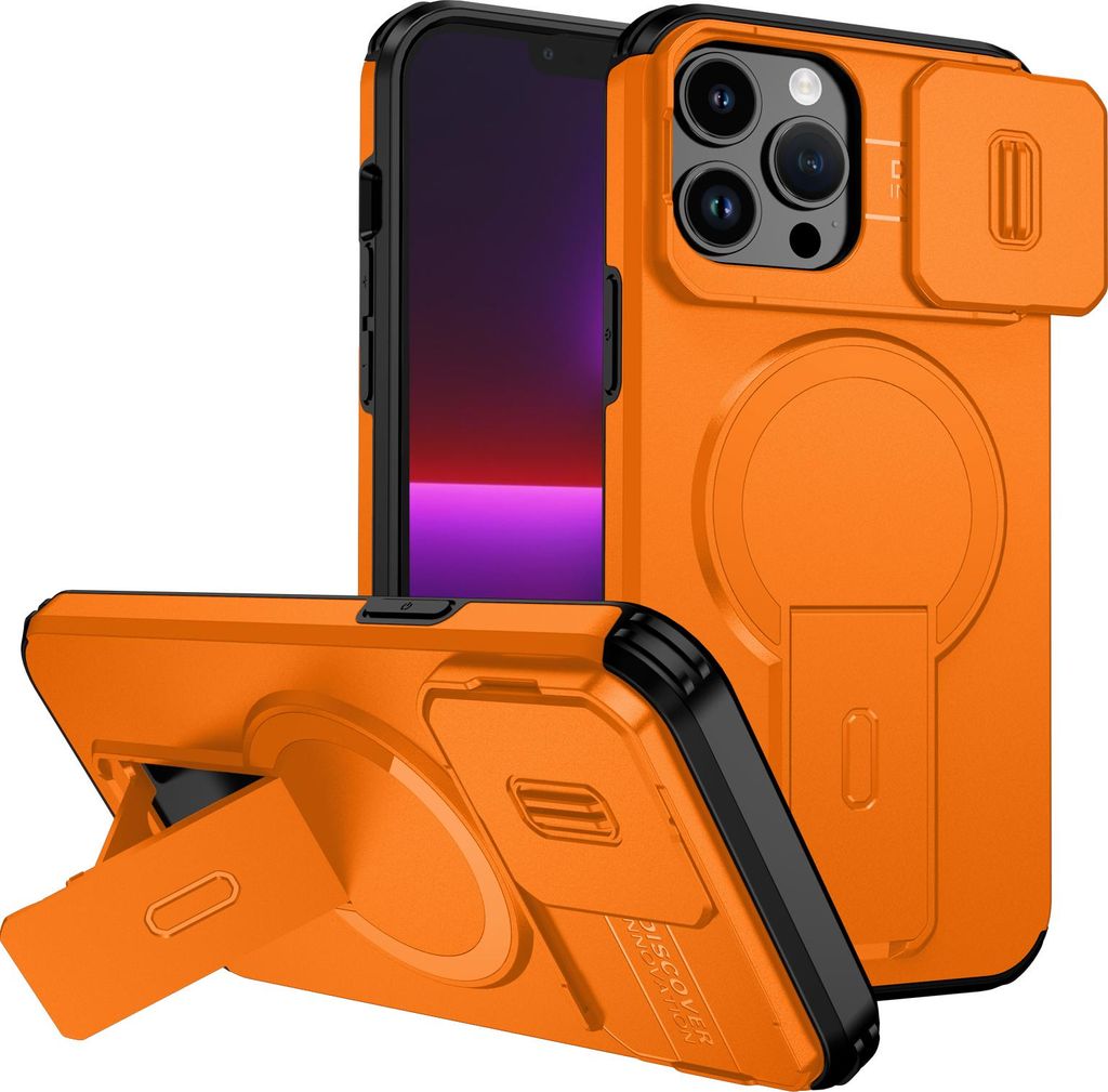 An orange iPhone case with a camera lens cover and kickstand is shown from multiple angles.