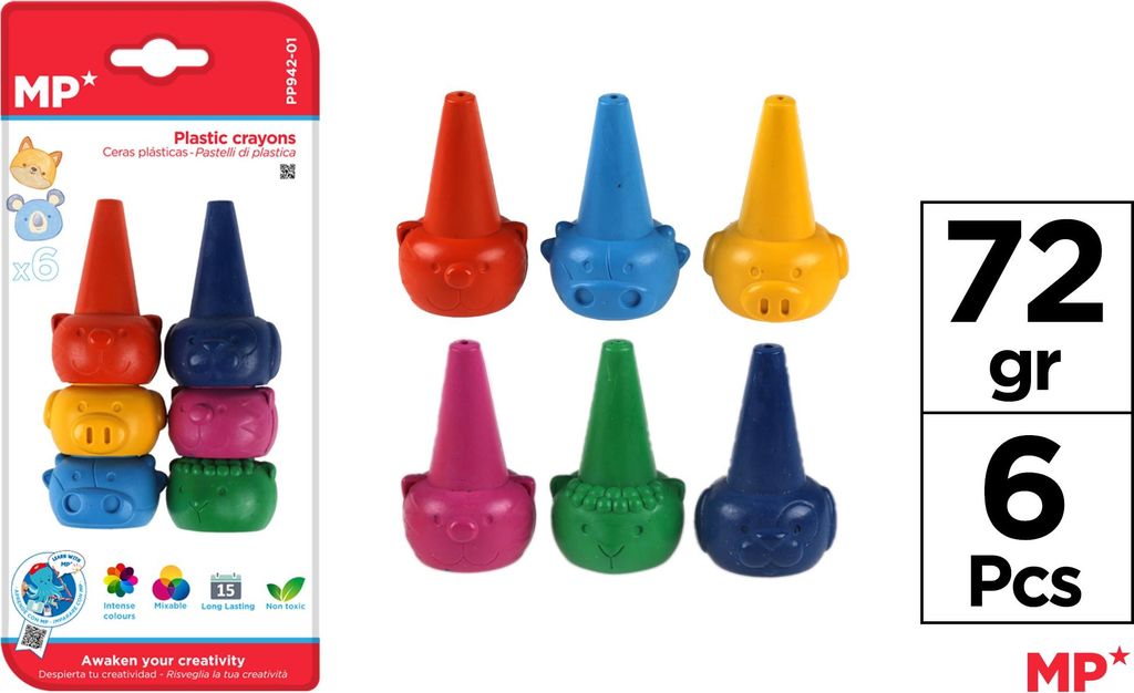 Pastelli a cono in plastica con animaletti, 6 colori Immagine del prodotto 