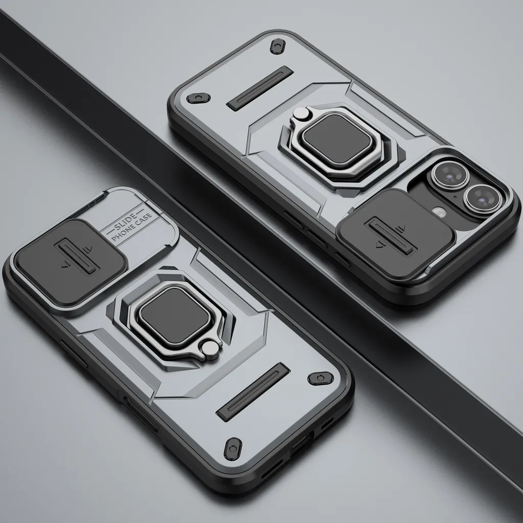 Cover Rugged iPhone 16 Plus Grigio: Doppio Strato con Stand e Slider Cam - 4