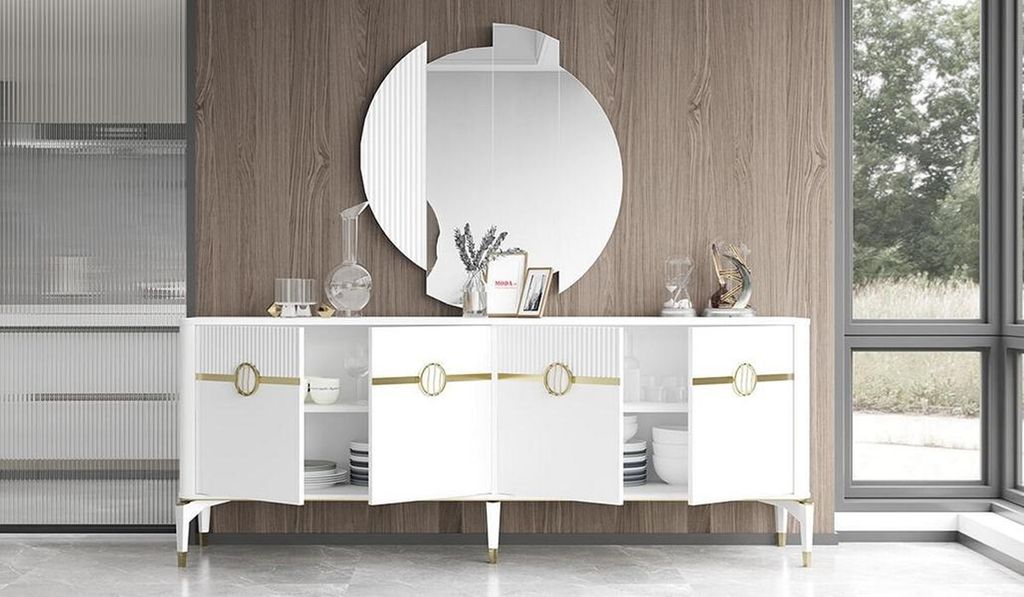Anrichte mit Spiegel Schrank Holzcshrank Holz Sideboard Weiß Moderne