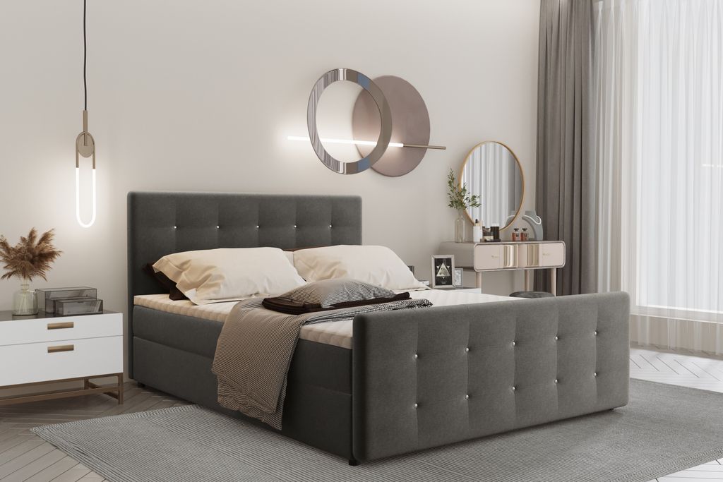 Kaiser Möbel Boxspringbett 140x200 mit bettkasten und matratze+topper, Schlafzimmerbett AMOR Warmgrau