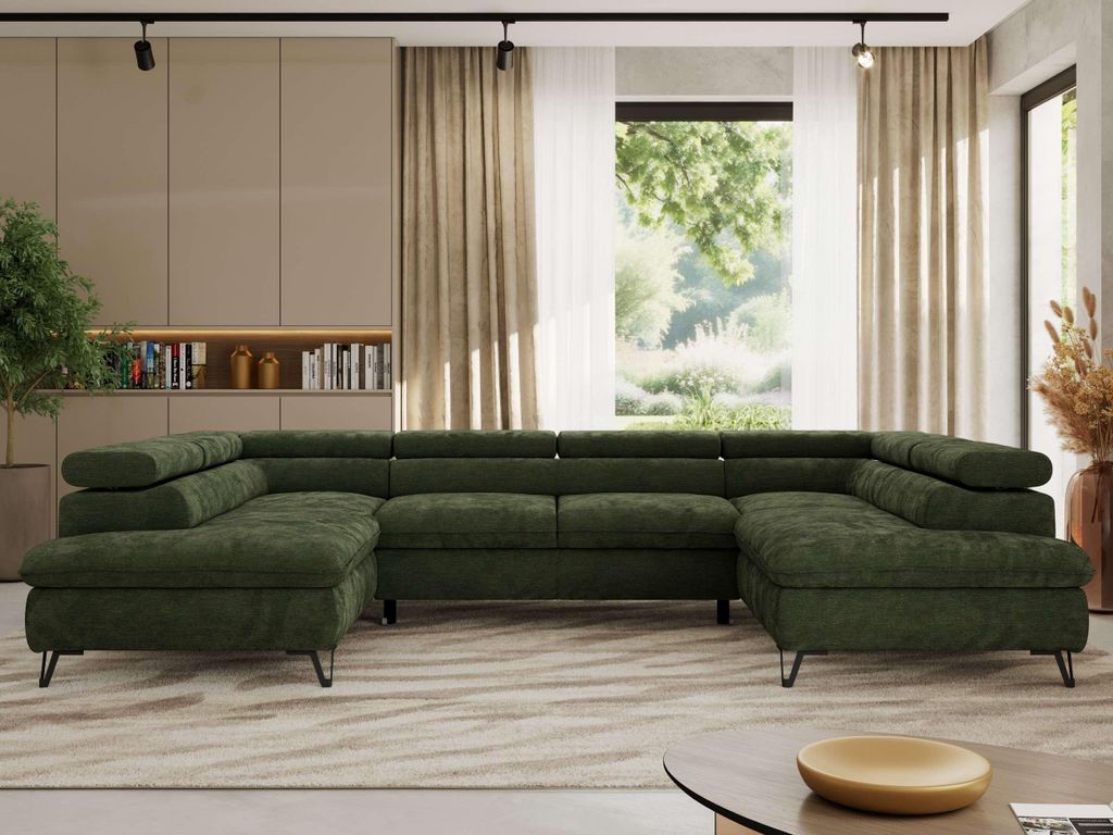 Ecksofa mit Schlaffunktion, Bettkasten, U-form, einstellbare Kopfstützen, Wohnzimmersofa mit Topper Visco - PABLO U - Schenille glatt - Dunkelgrün