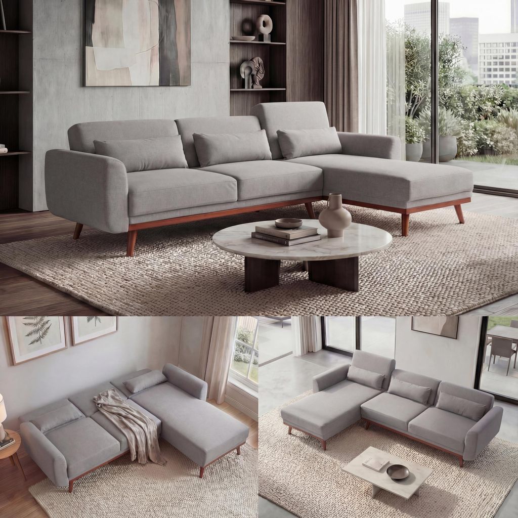 Sofa MCW-J20, Couch Ecksofa, L-Form 3-Sitzer Liegefläche Schlaffunktion Stoff/Textil 280cm grau