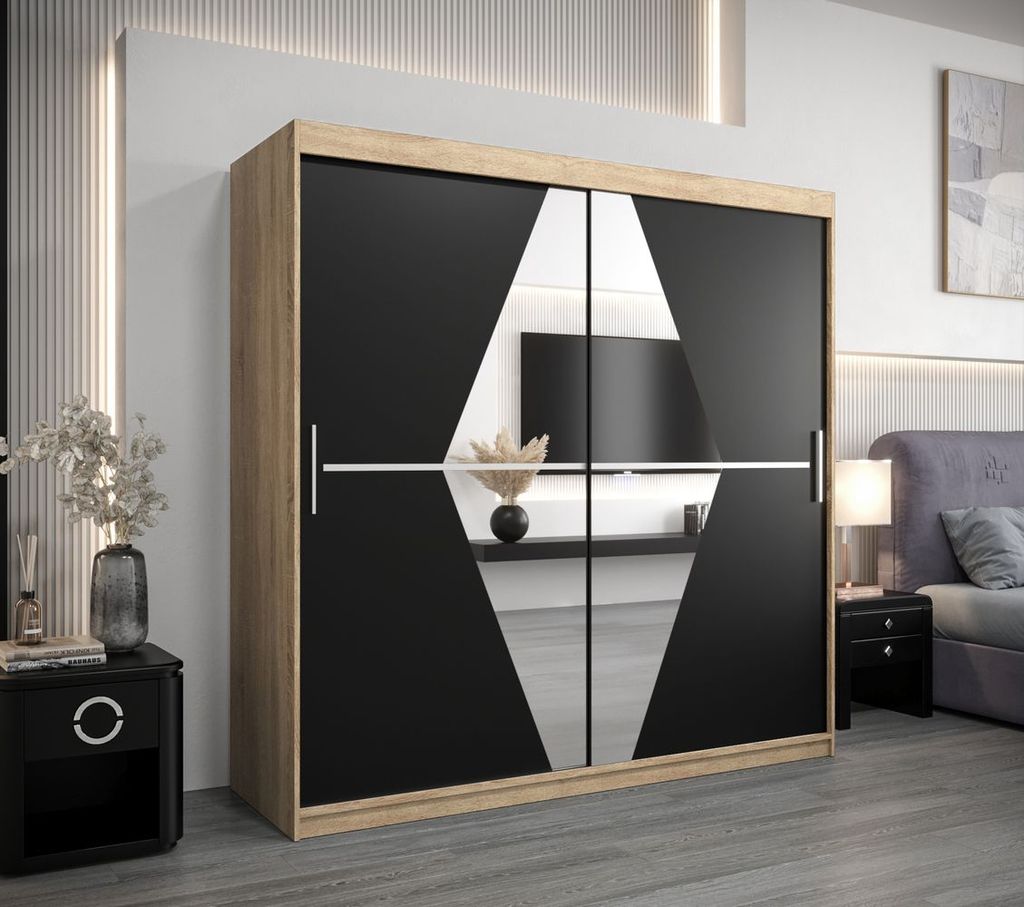 Kleiderschrank LAURA – Breite 200 cm, Eiche sonoma / schwarz