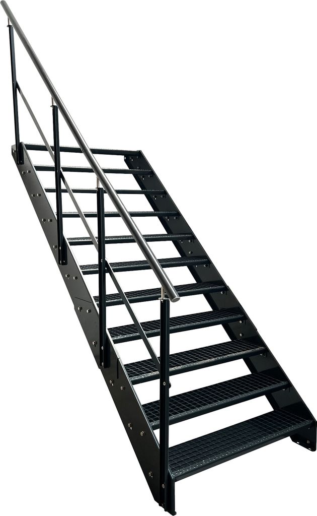 Stahl Wangentreppe Gitterroststufen 11 Stufen Geländer Links - Verzinkt & Anthrazit pulverlackiert - (B x H x T) 100 x 209 x 215 cm