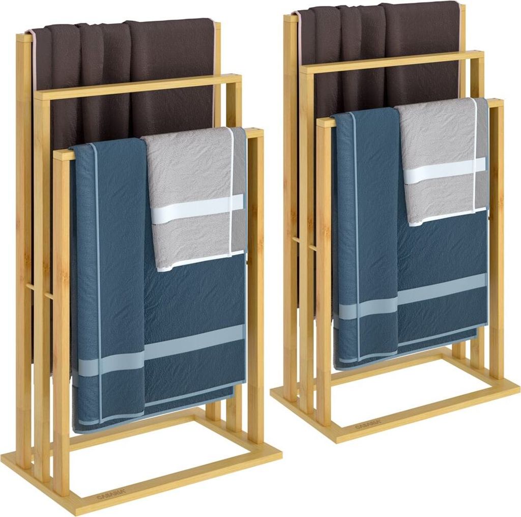 CASARIA 2er Set Handtuchständer Freistehend Bambus Holz 3 Stangen 82 x 40 x 24 cm Ablage Handtuchhalter Stehend Badzimmer Handtuchstange Ohne Bo...
