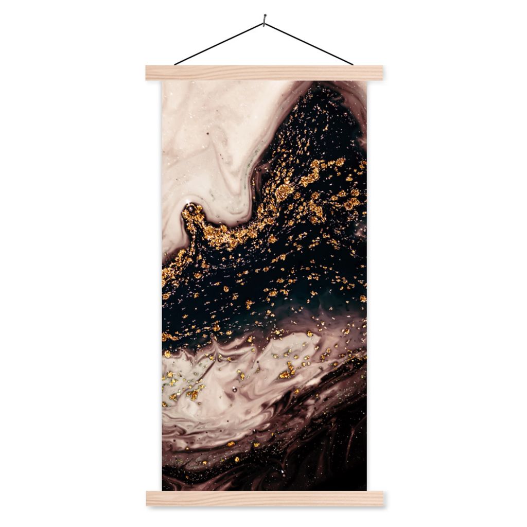 MuchoWow Textilposter Naturstein - Gold - Schwarz 40x80 cm mit holzfarbenen Rahmen - Wohnzimmer