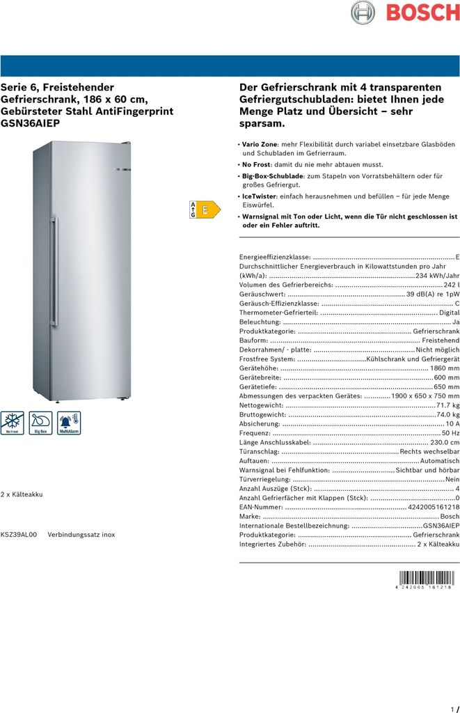 Bosch Freistehender Gefrierschrank 186 x 60 cm Edelstahl Produktbild 25