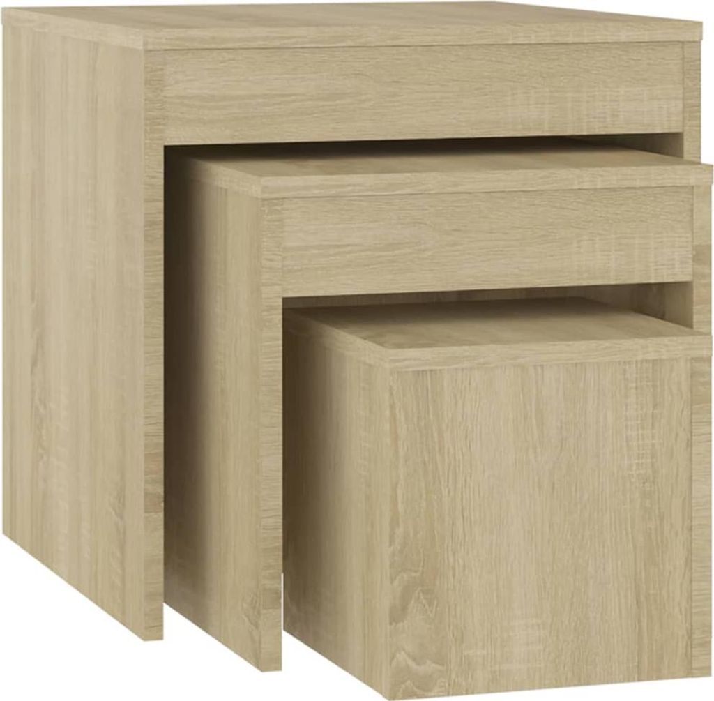 Three nesting tables of varying sizes are stacked together.