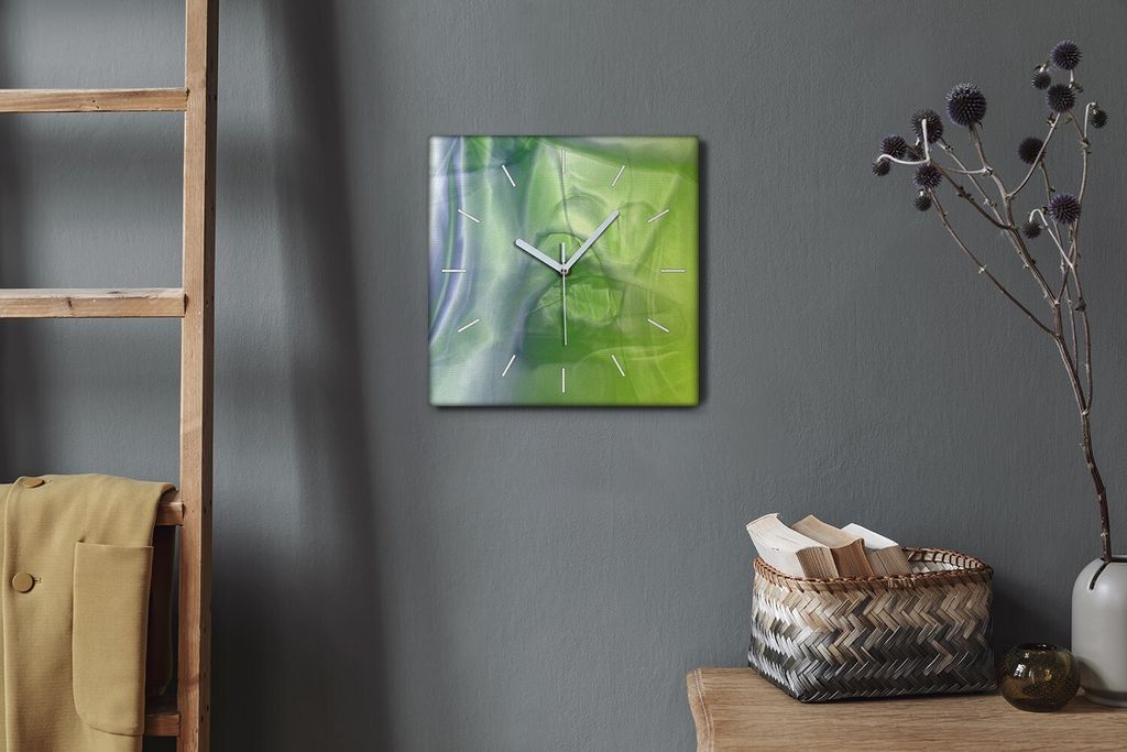 Coloray Hodiny Unikátní 30x30 cm Tiché hodiny Pro obývací pokoj a kuchyň Nástěnné hodiny Plátno Bílé ručičky hodin - Zelené shrnutí