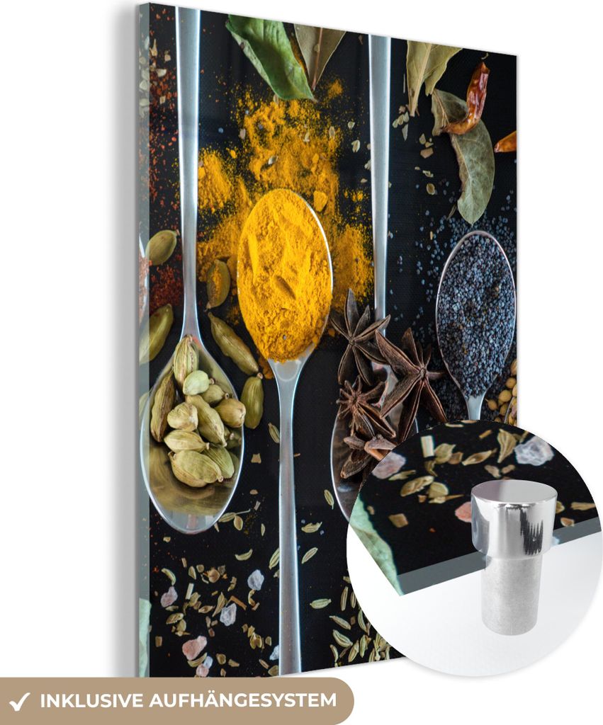 MuchoWow Glasbilder - Bilder auf Wandbild - Foto auf Glas Löffel - Gewürze - Kräuter - Essen - Tisch 60x80 cm Wanddekoration aus Glas - Acrylgla...