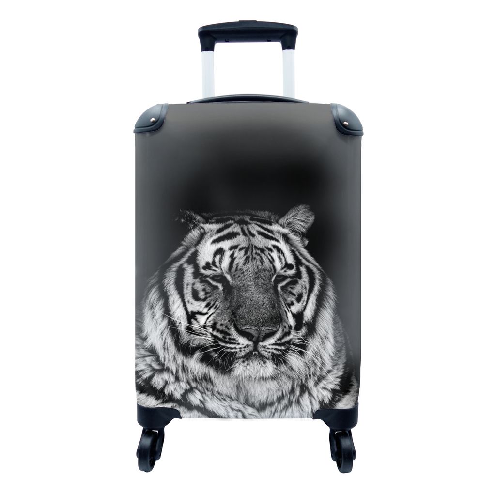 MuchoWow Koffer Handgepäck Trolley Rollkoffer Kleine Reisekoffer mit 4 Rollen - Schläfriger Tiger auf schwarzem Hintergrund - schwarz und weiß...