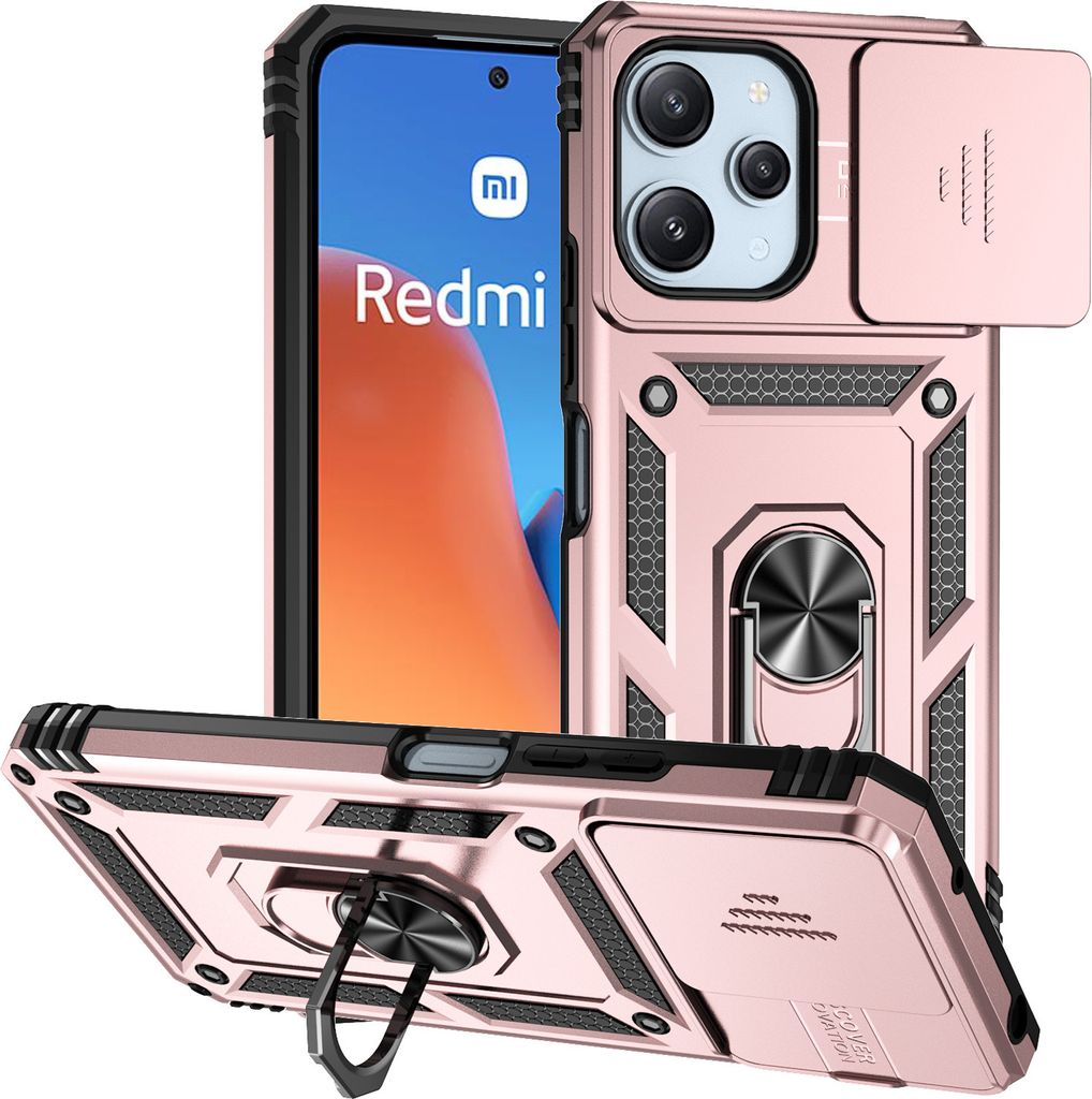 Redmi 12 Hülle mit Schiebe Kamera Schutz und Ringhalter Ständer Schutzhülle für Xiaomi Poco M6 Pro 5G/Redmi 12/Redmi 12 5G Rosa