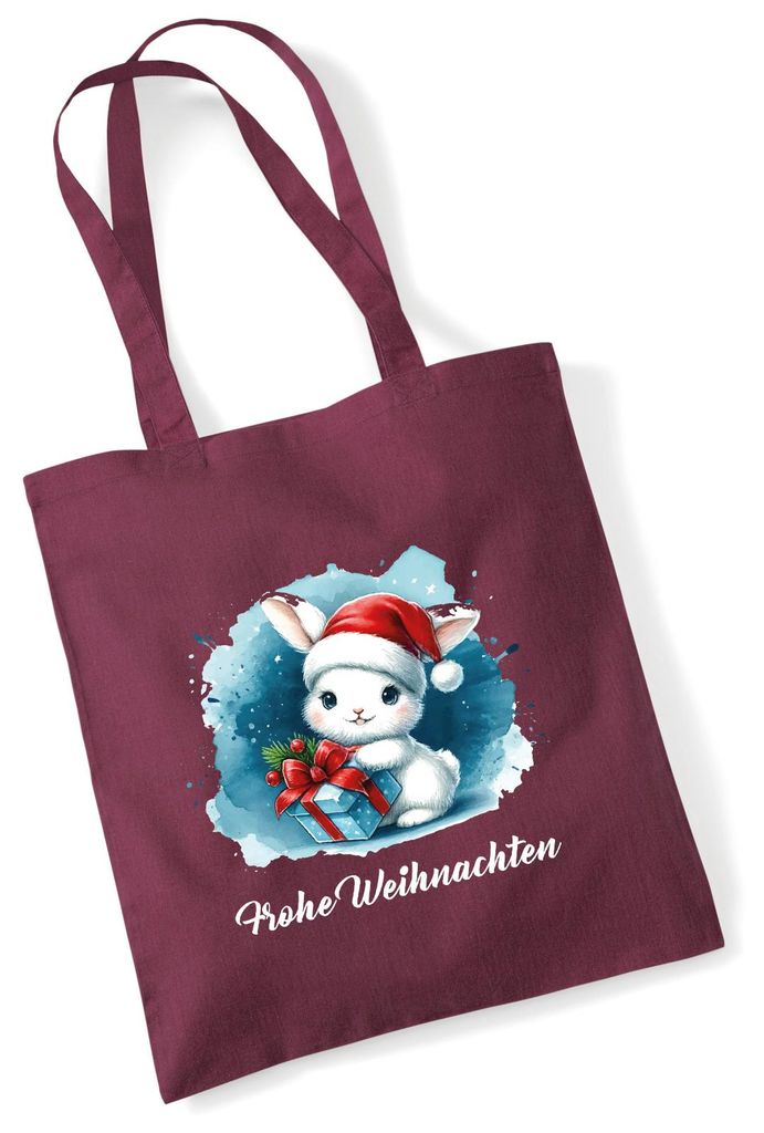 Huuraa Jutebeutel Süßer Hase Frohe Weihnachten 10 Liter Burgundy Baumwolle Tasche Geschenkidee