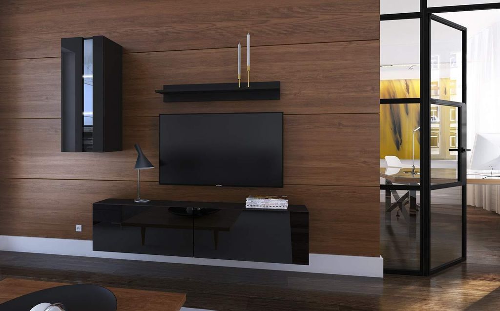 Furnitech Wohnwand Wohnzimmer - Wohnzimmer Möbel mit LED Weiß - Hängend Wohnwand Modern - Regale und TV Schrank (Mery AN271-17B-HG20 1A Klein)