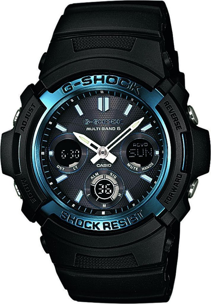 A close-up studio shot of a black Casio G-Shock watch with blue accents.