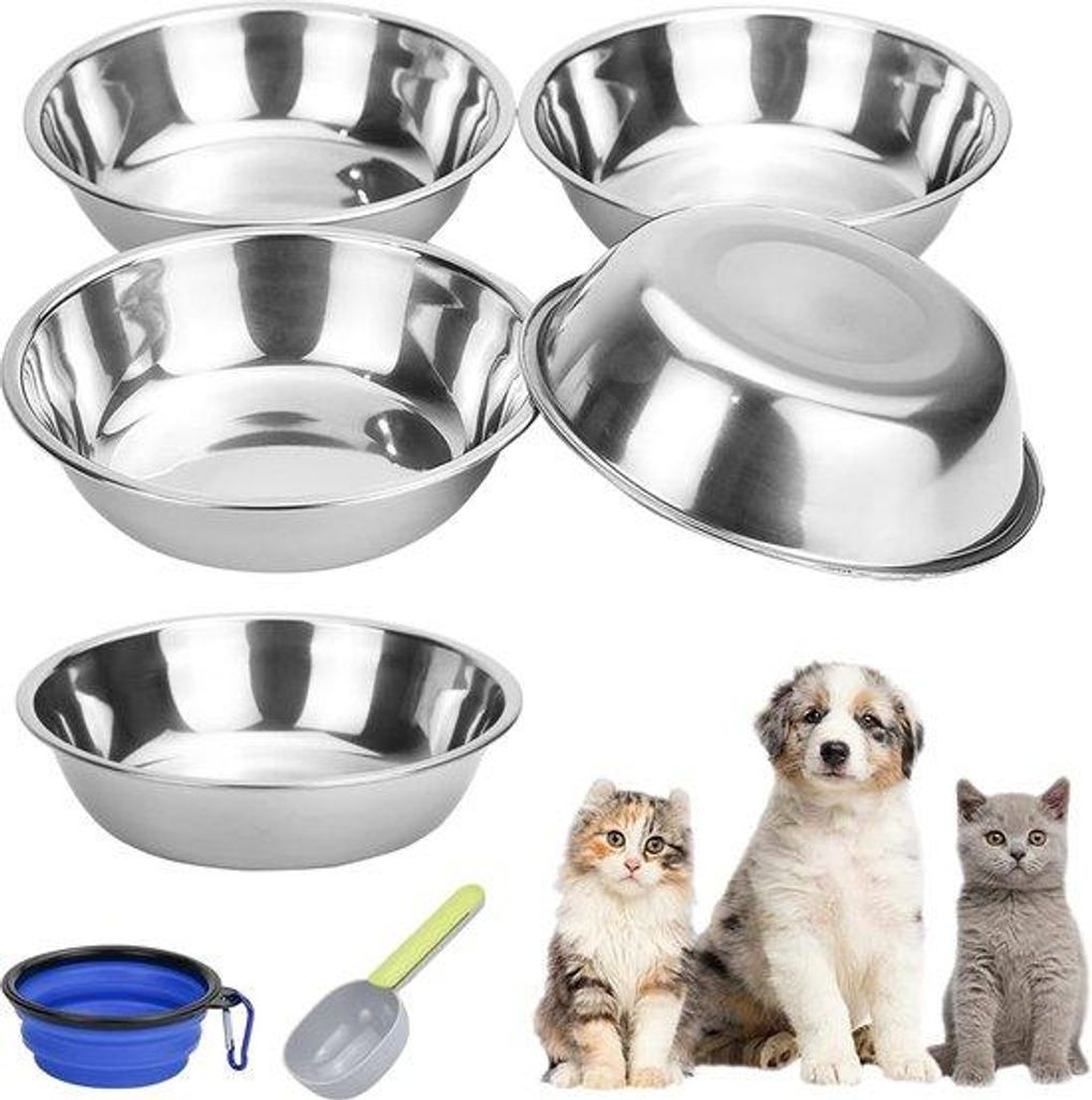 5 Stück Katzenkratzer, Edelstahl, mit Löffel und falbarer Schüssel, Futterkratzer, Wassernapf, ideal für kleine Hunde und Katzen (5, 400 ml)