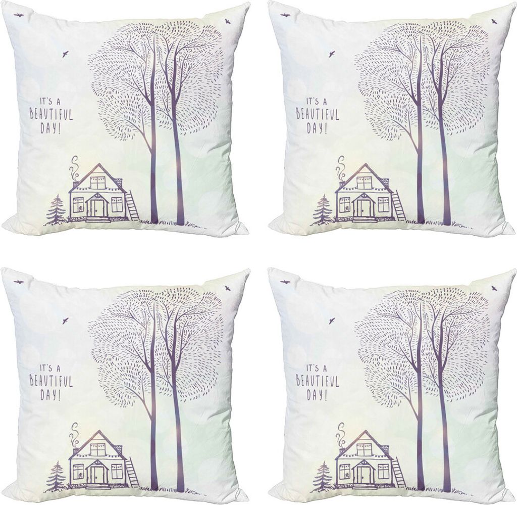 ABAKUHAUS Sprichwort Kissenbezug Set (4 Stück), Sketch Country House, Moderner Doppelseitiger Digitaldruck, 45 cm x 45 cm, Lavendel und Weiß
