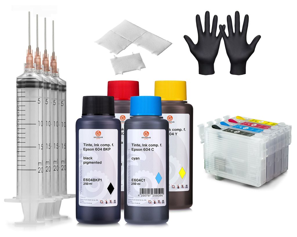 Befüllbare Fill In Patronen kompatibel für Epson 604 mit Autoresetchip und Druckertinte 4x 250ml