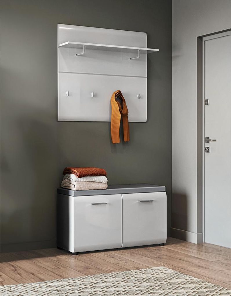 Garderoben-Set 2-teilig mit Schuhbank weiß Hochglanz MALABO-129