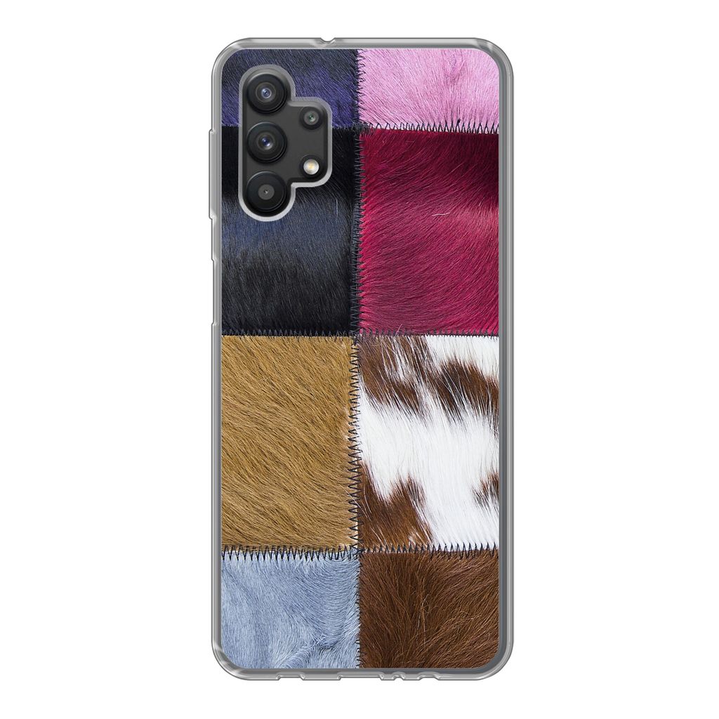 MuchoWow Handyhülle Schutzhülle Hülle für Samsung Galaxy A32 5G Ein farbenfroher Karoteppich mit unter anderem Kuhfell Silikon Softcase Handy...