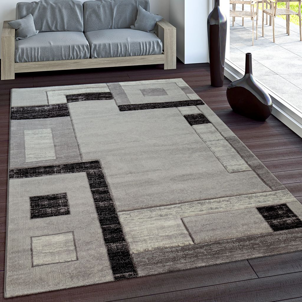 Edler Designer Teppich Konturenschnitt Kariert in Grau Schwarz Meliert Grösse 60x100 cm