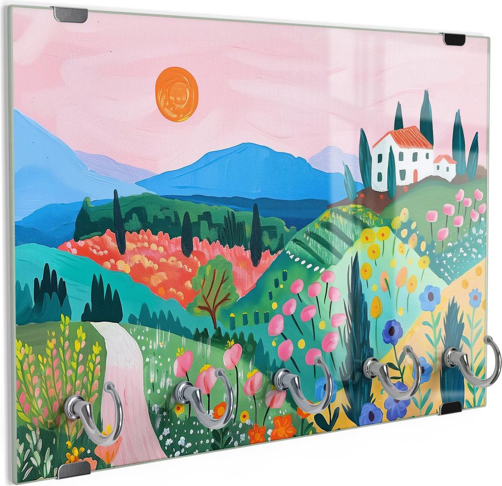 DEQORI Schlüsselbrett Glas 30x20 cm 'Sommer in den Hügeln' Schlüssel Halter Board Haken