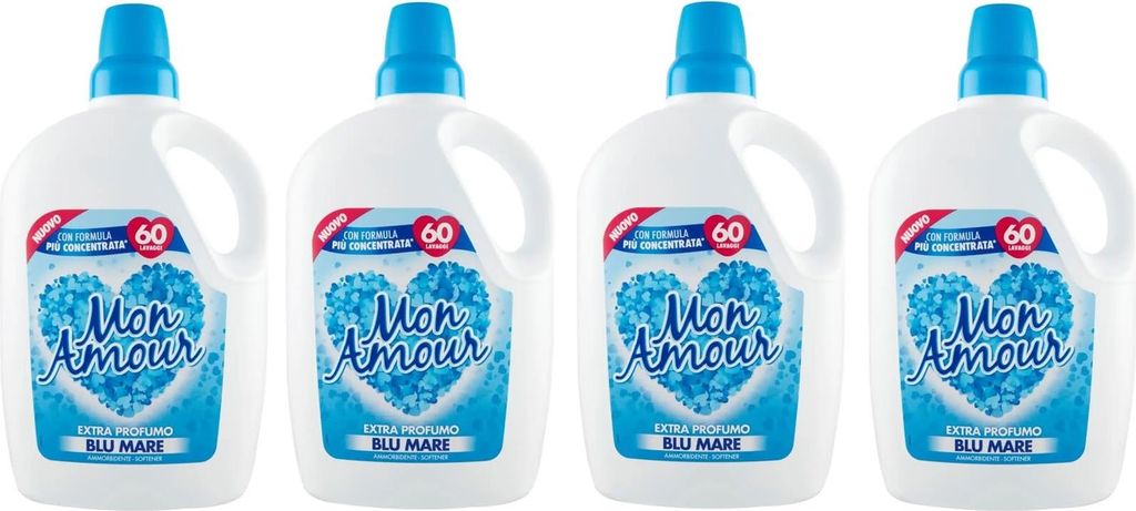 4x Felce Azzurra Mon Amour Weichspüler Blu Mare – Unverwechselbarer Duft, Weiche Wäsche – 60 Wäschen – 3L
