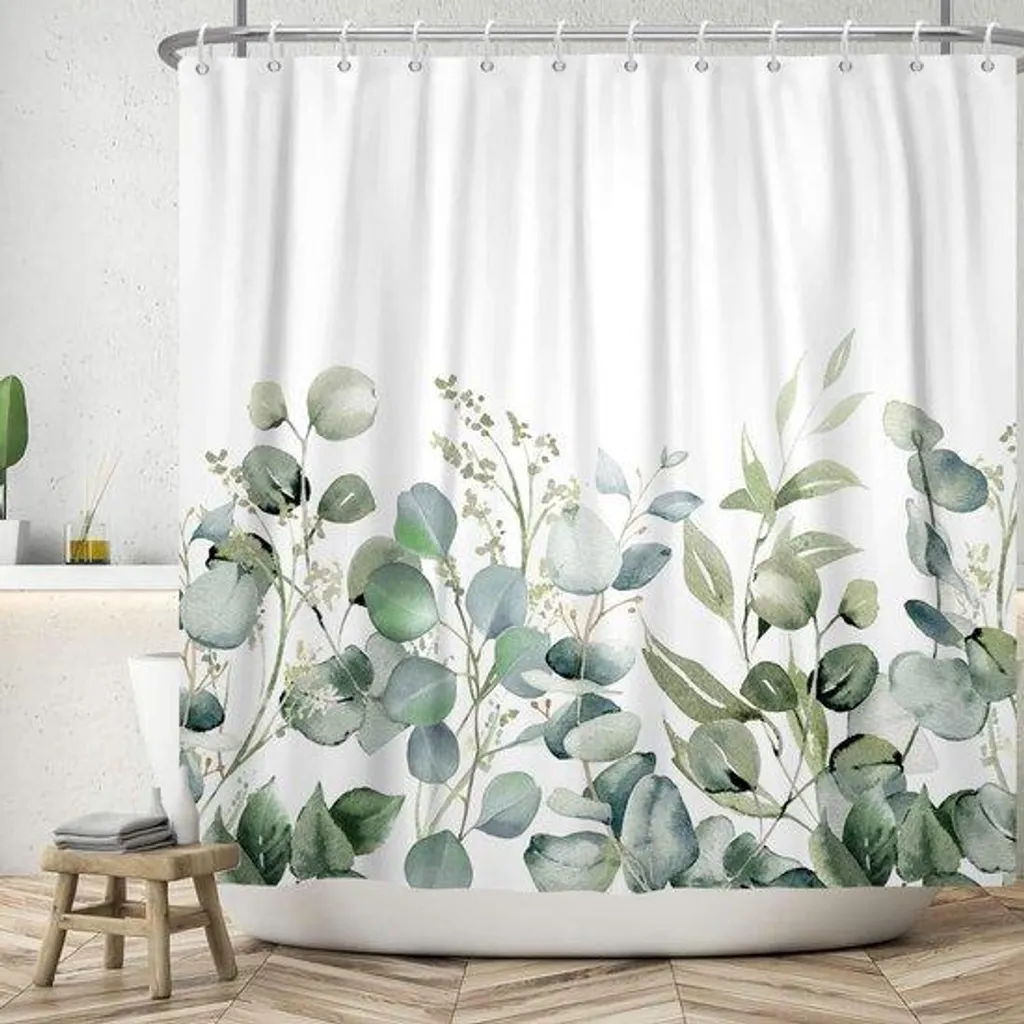 Rideau de douche pour baignoire motif plante verte avec crochets