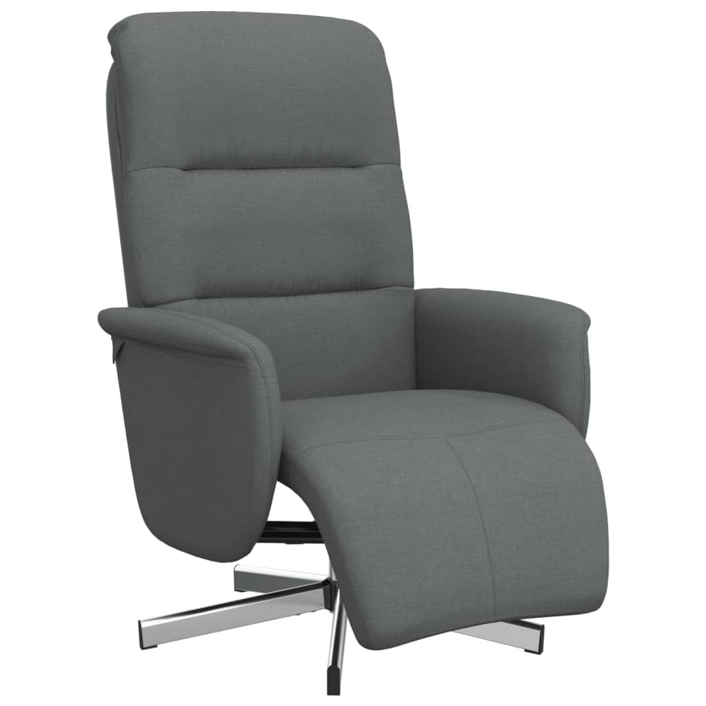 A dark gray fabric recliner chair with a footrest is shown from a three-quarter front view, angled slightly to the right, against a white background. The chair features a padded backrest with horizontal stitching and cushioned armrests. The footrest is ext
