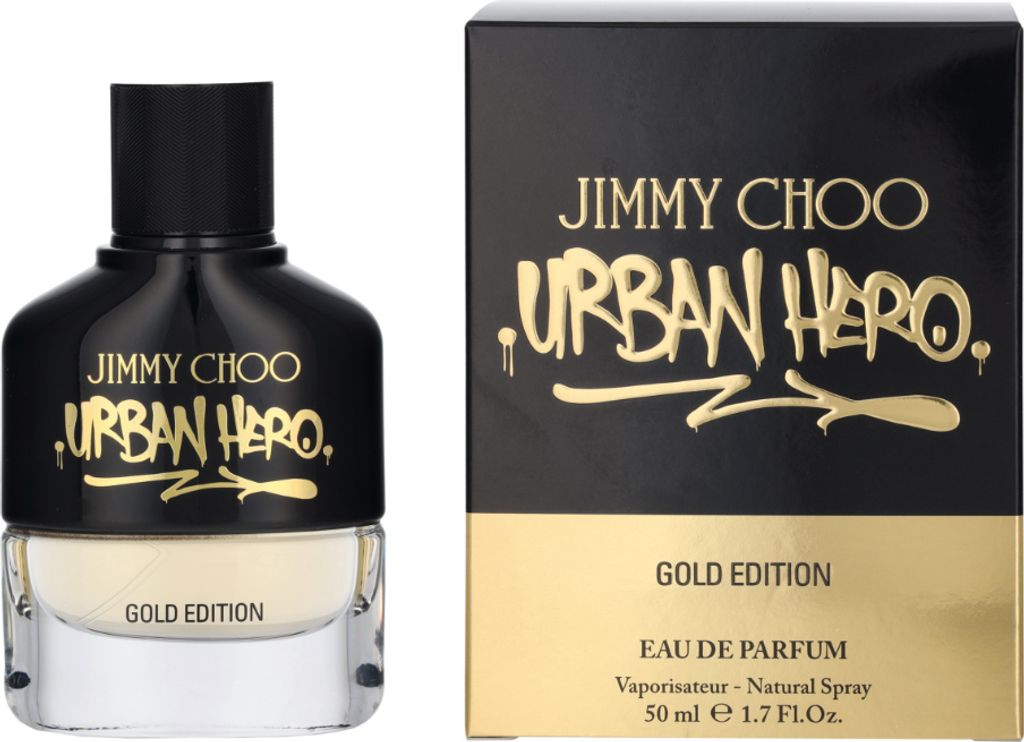 A bottle of Jimmy Choo Urban Hero Gold Edition Eau de Parfum and its packaging are displayed side-by-side against a white background.