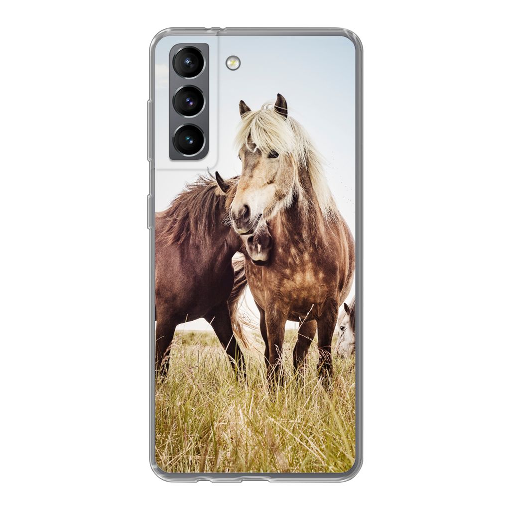 MuchoWow Handyhülle Schutzhülle Hülle für Samsung Galaxy S21 Pferde - Gras - Frühling Silikon Softcase Handy Hülle - Softcase
