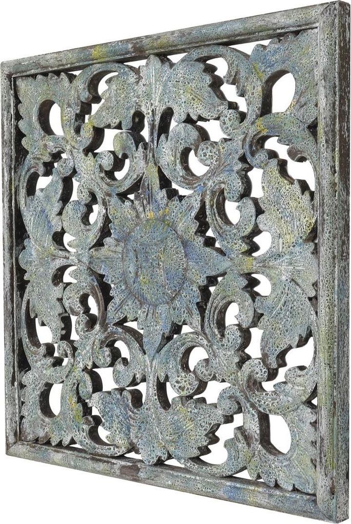 Wandbild Ornament Shabby Chic Symbol Mandala Relief Deko Holz Schnitzerei Blau Antik ca. 44 x 44 cm